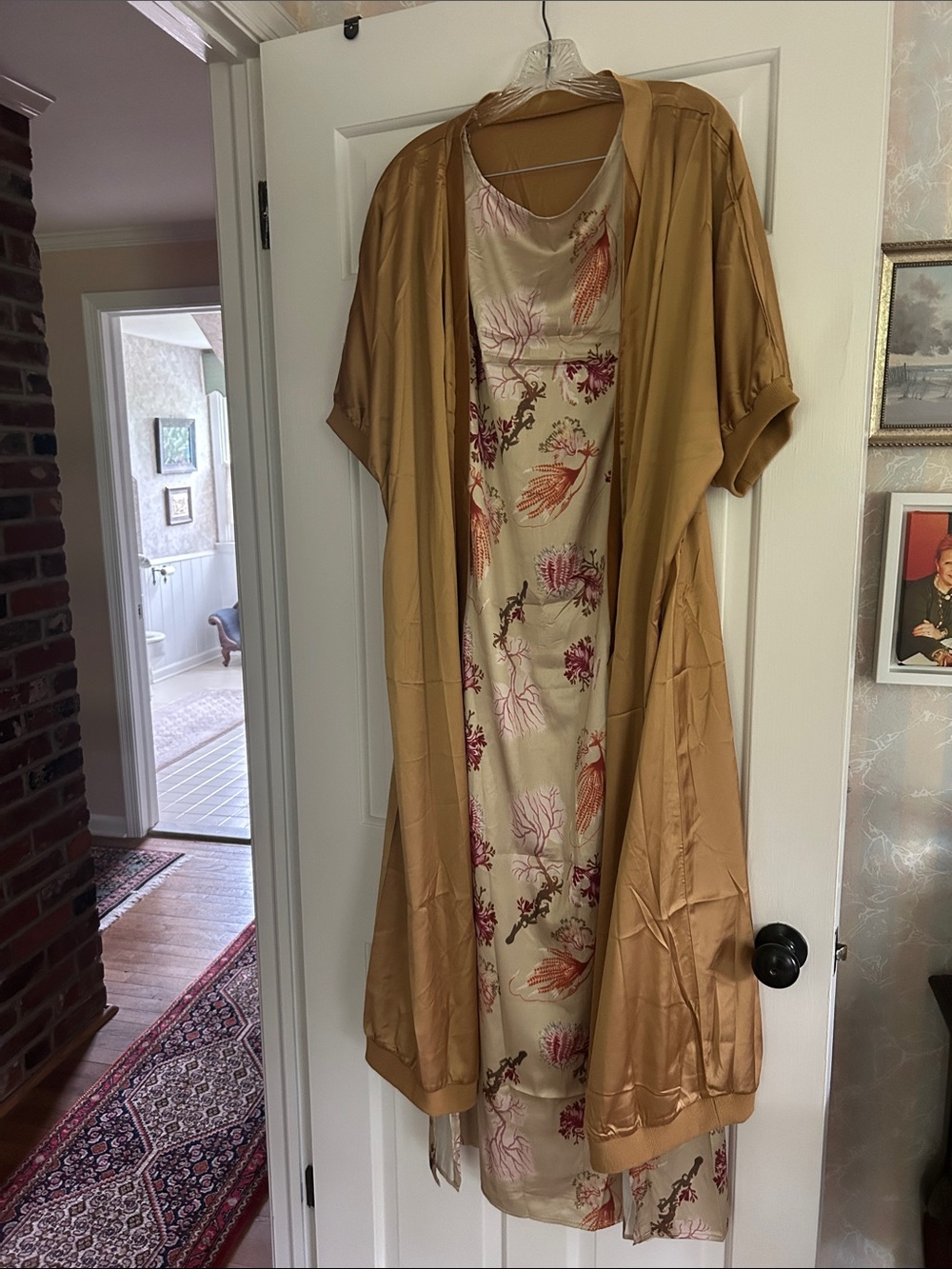 Silk Floral Slip Dress with Tan Satin Robe - Womens Intimates